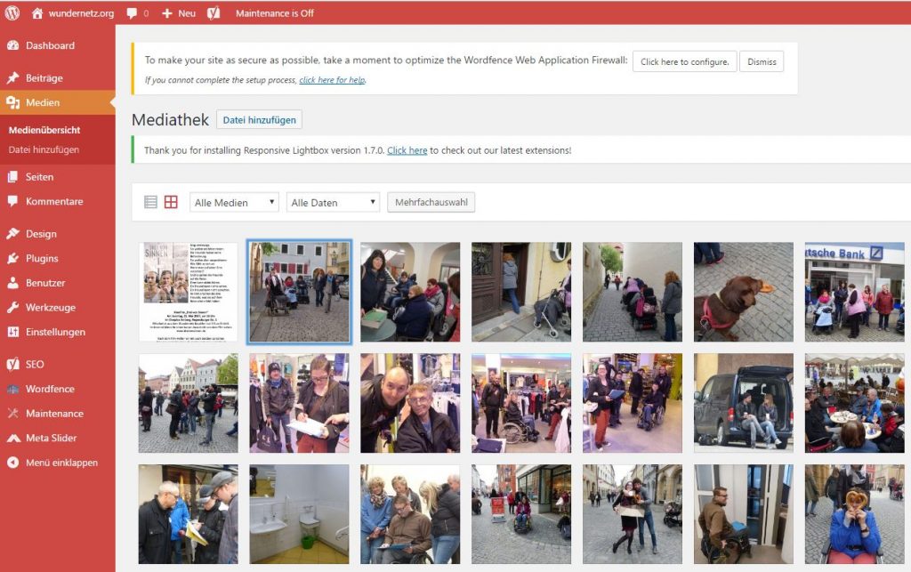Das Menü Medienübersicht in Wordpress. Hier können Bilder angewählt und bearbeitet werden. Klickt man auf ein Bild, gelangt man in den Bearbeiten-Modus.