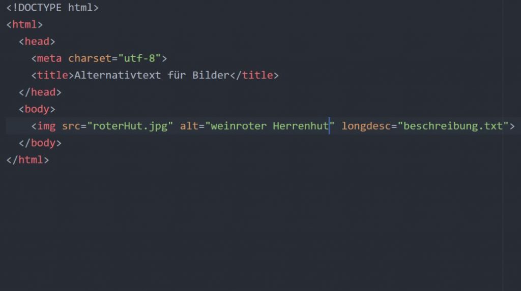 Im HTML-Code befindet sich ein img-Tag. Über das Attribut 'alt' wird dem Bild ein Alternativtext hinzugefügt. Mit dem Attribut 'longdesc' kann auf eine längere Beschreibung verwiesen werden.